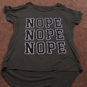 Army green “NOPE” shirt.